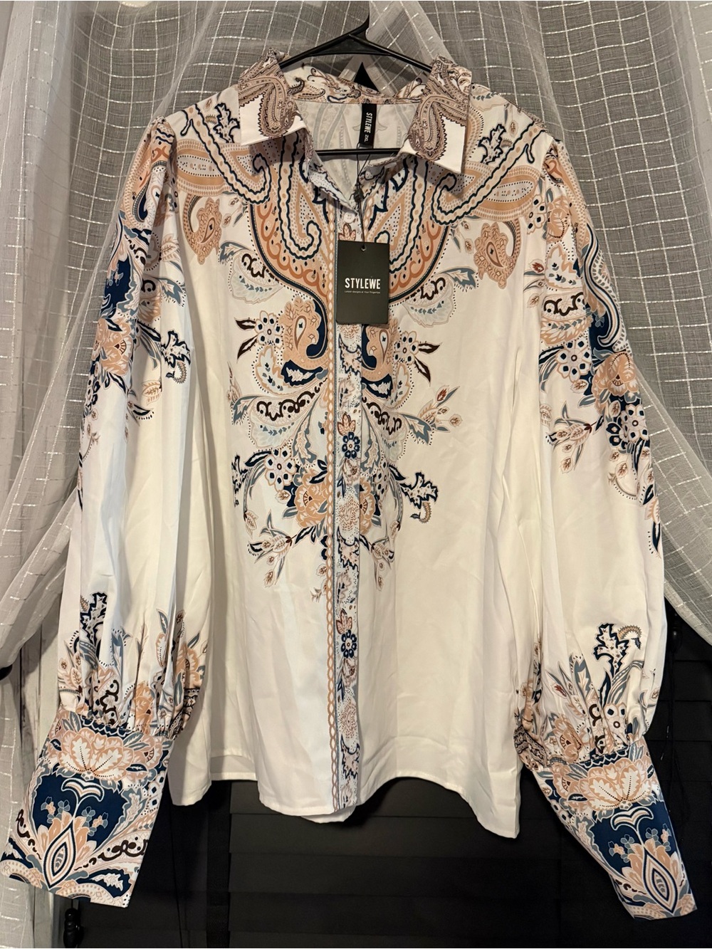 STYLEWE White Paisley Print Button-Up Blouse with Navy & Beige Accents